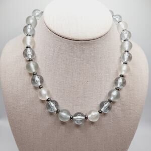 Vintage MONET Lucite Bead Necklace Clear Frosted Silver Spacer 17 Inch